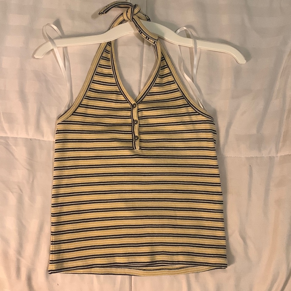 small yellow navy and white striped halter top